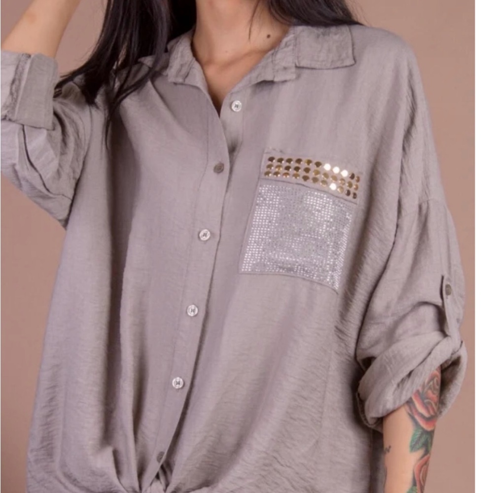 Elegant Gray Button-Down Shirt with Sequin Detail